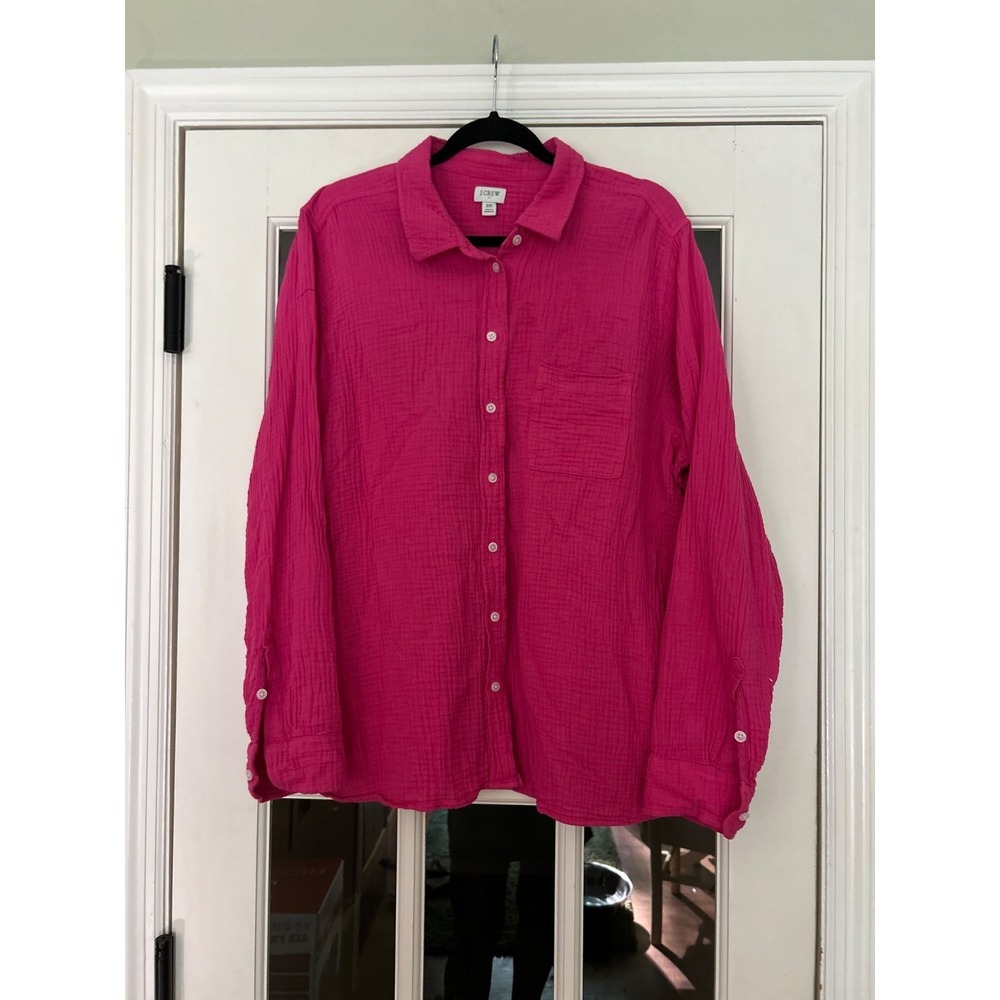 J Crew Women's Double Gauze Button Up Shirt Hot Pink Magenta Sz 2X